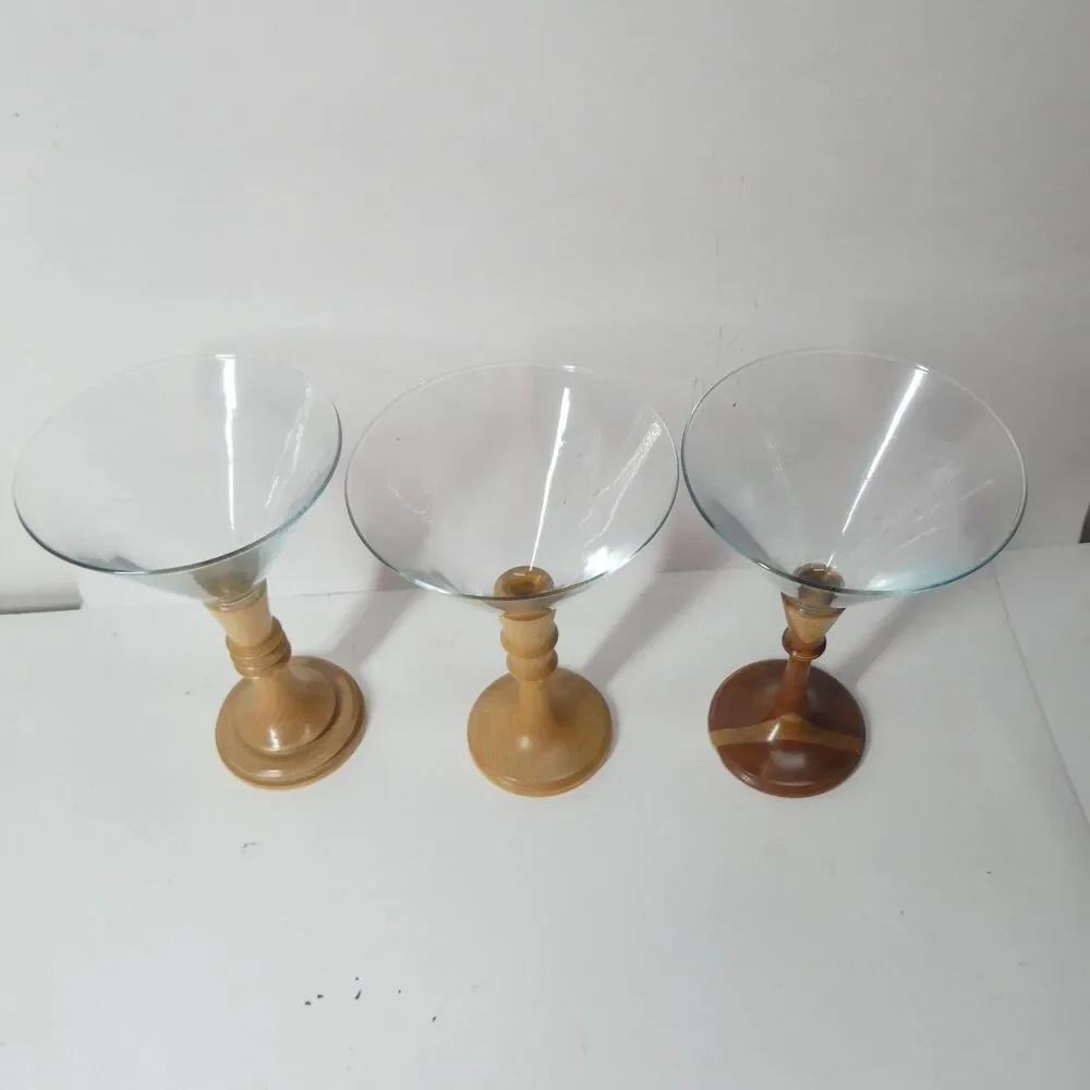 3 Turned Wood Stem Martini Glasses Signed Handmade Wooden
